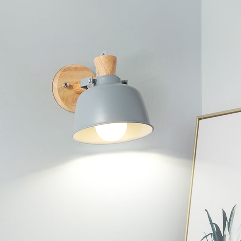 Bowl Bedside Wall Light Fixture Iron 1 Light Macaron Handle Sconce Lamp in Grey/Black with Wood Top and Backplate