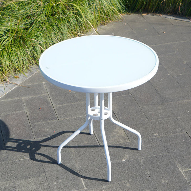 Water Resistant Patio Table with White Legs Glass Top Industrial Bistro Table
