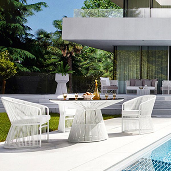 Industrial Glass Dining Table Round Outdoor Table with Pedestal Base