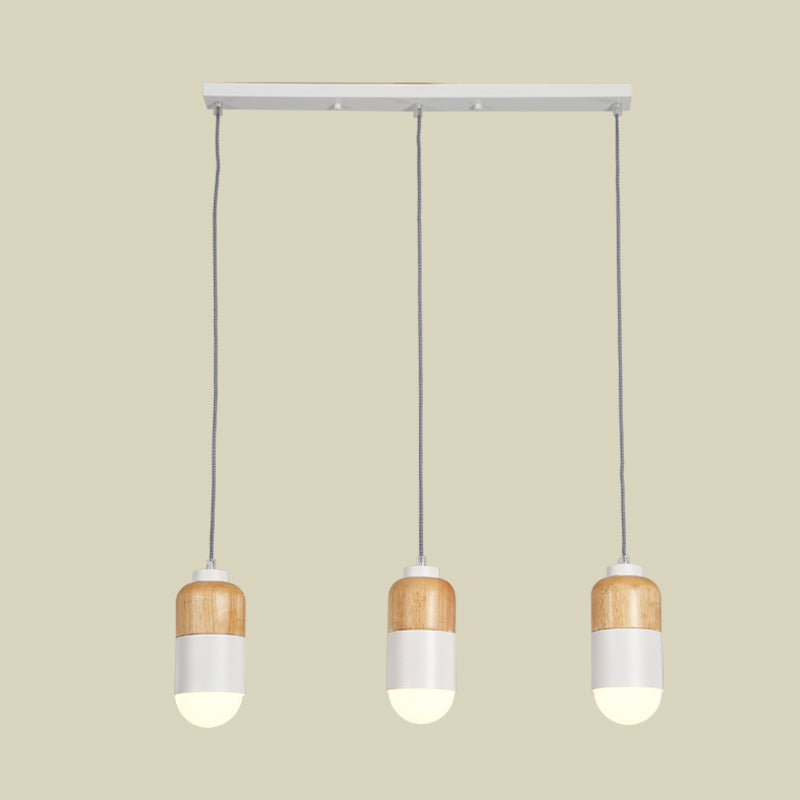 Capsule LED Cluster Pendant Modernisme Métal 3 ampoules Blanc et pendentif en bois Lumière sur la table à manger