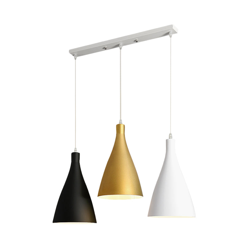 Moderniste 3 lumières Multi Light Pendant Blanc-Black-Gold Conical Le plafond avec ombre en métal, verrière rond / linéaire