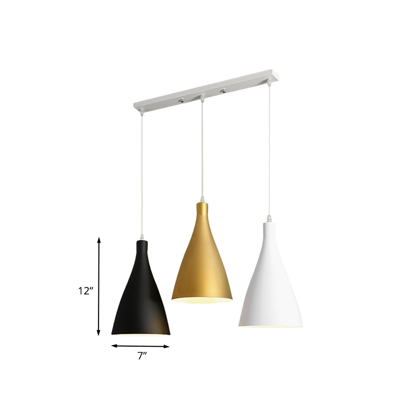 Moderniste 3 lumières Multi Light Pendant Blanc-Black-Gold Conical Le plafond avec ombre en métal, verrière rond / linéaire
