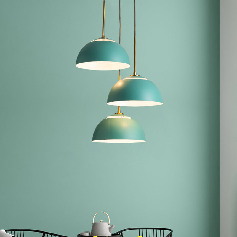 3 Lights Dining Room Cluster Pendant Macaron White/Pink/Green Finish Down Lighting with Dome Iron Shade