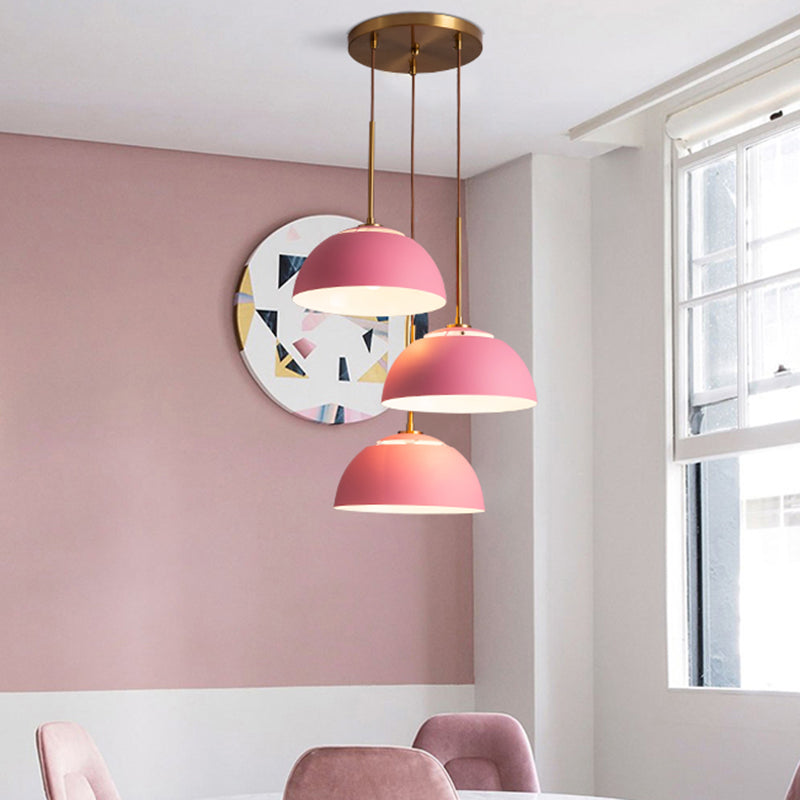 3 Lights Dining Room Cluster Pendant Macaron White/Pink/Green Finish Down Lighting with Dome Iron Shade