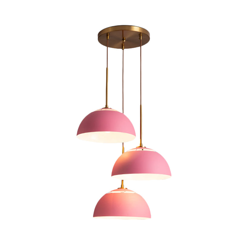 3 Lights Dining Room Cluster Pendant Macaron White/Pink/Green Finish Down Lighting with Dome Iron Shade
