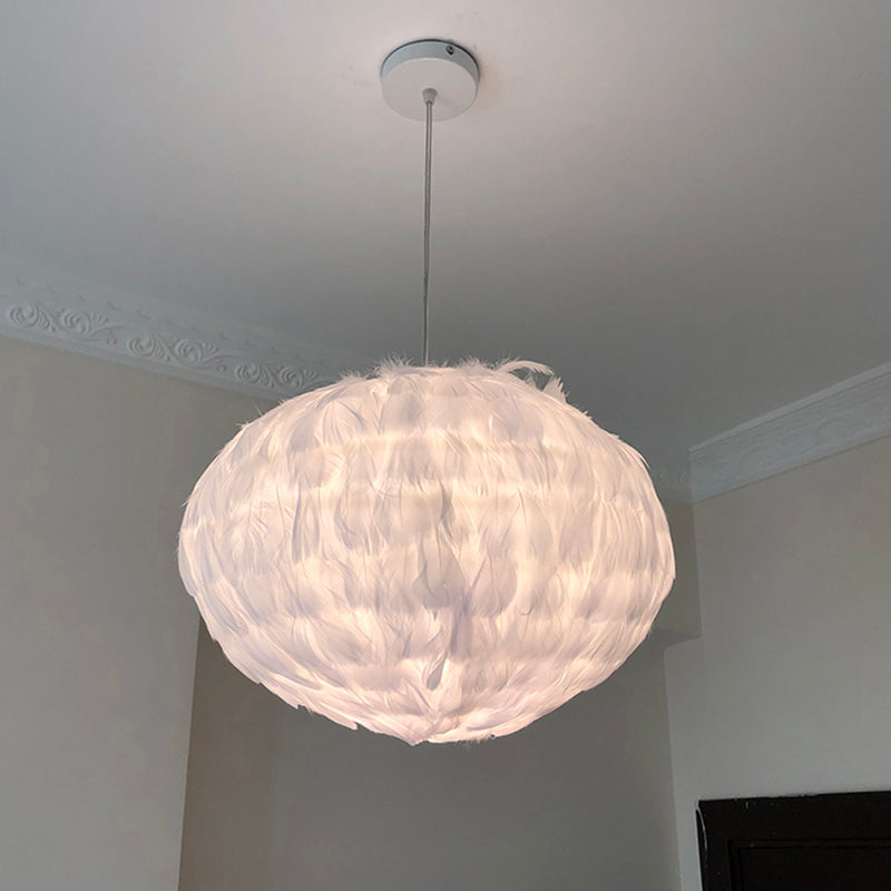Feather Ball Bedroom Hanging Pendant Fabric 1 Bulb Modernist Ceiling Suspension Light in White
