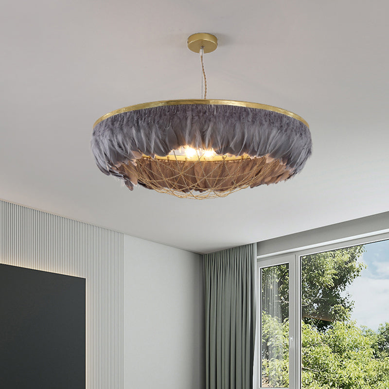 Dome Cage Metallic Chandelier Light Modern 2 Bulbs Gold Hanging Ceiling Lamp with White/Grey/Pink Feather Deco
