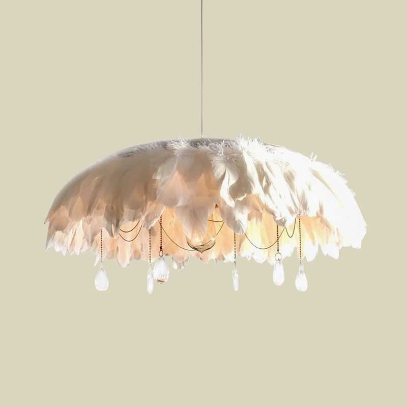 Tessuto di lampada sospesa con piuma contemporanea Ciondolo in bianco con caduta di cristallo