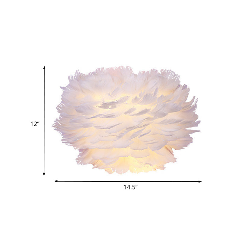 White Feather Flush Wall Sconce Contemporary 1 Bulb Fabric Wall Mounted Light for Bedside