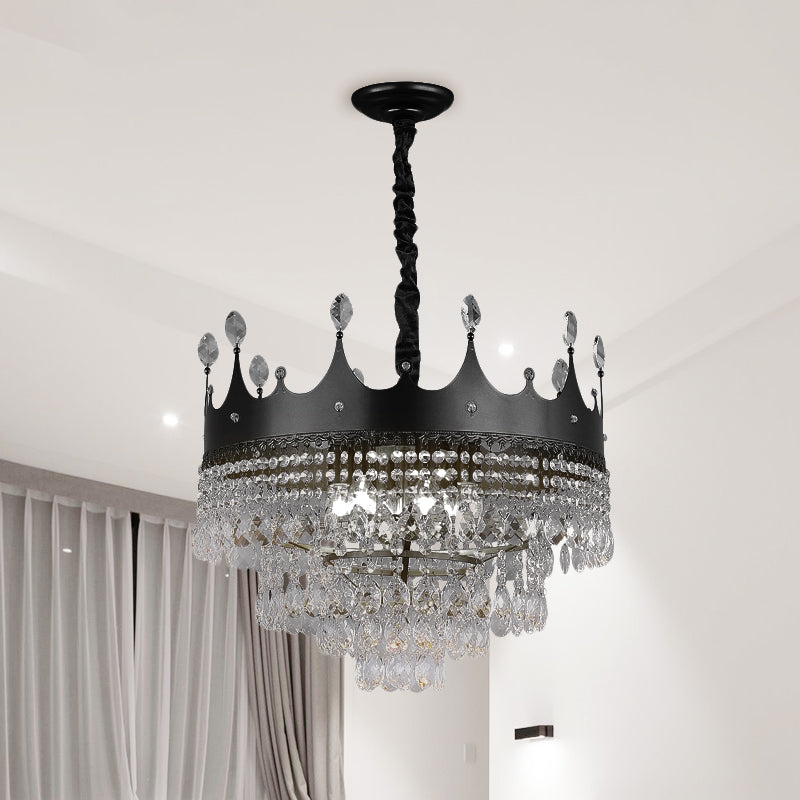 Metal Crown Chandelier Lighting Kids 4/5/6 Lights Black Hanging Lamp with Crystal Drop Decor over Dining Table
