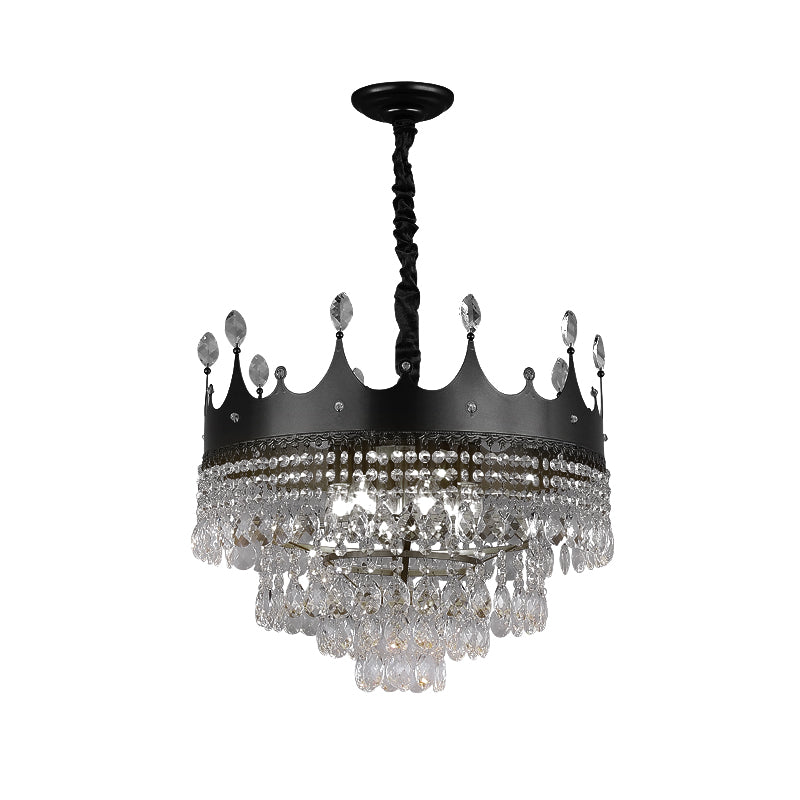 Metal Crown Chandelier Lighting Kids 4/5/6 Lights Black Hanging Lamp with Crystal Drop Decor over Dining Table