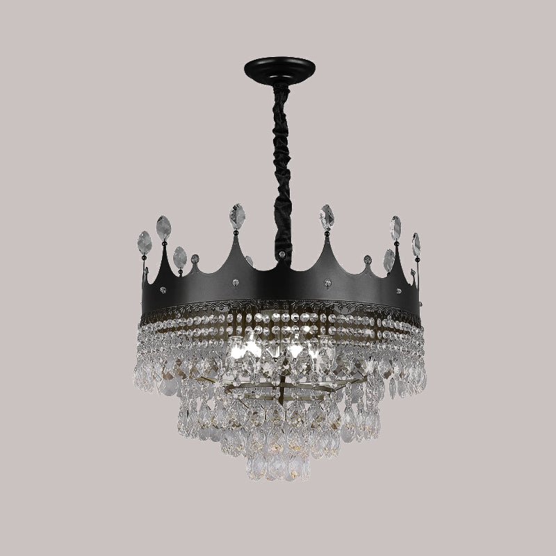 Metal Crown Chandelier Lighting Kids 4/5/6 Lights Black Hanging Lamp with Crystal Drop Decor over Dining Table