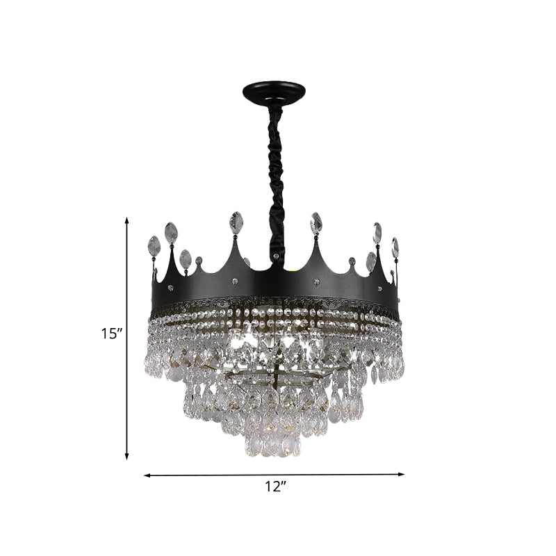 Metal Crown Chandelier Lighting Kids 4/5/6 Lights Black Hanging Lamp with Crystal Drop Decor over Dining Table