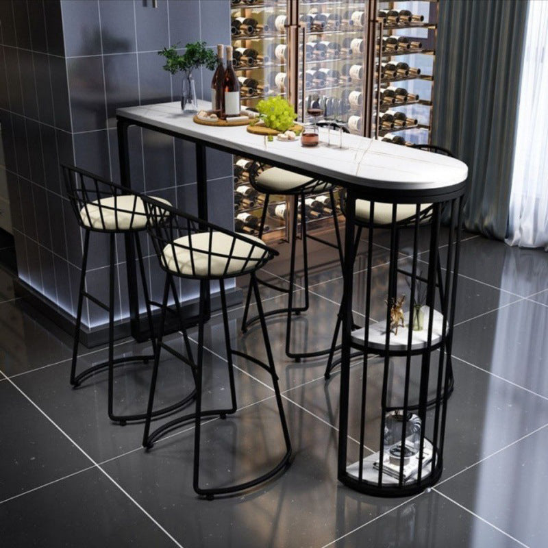 Modern Oval Bar Table Set 1/5 Pcs Stone Top Bar Table and Upholstered Stools