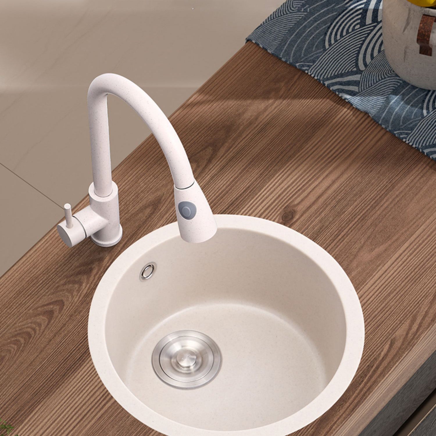 Round Kitchen Sink Quartz Single Bowl Kitchen Sink with Drain Assembly
