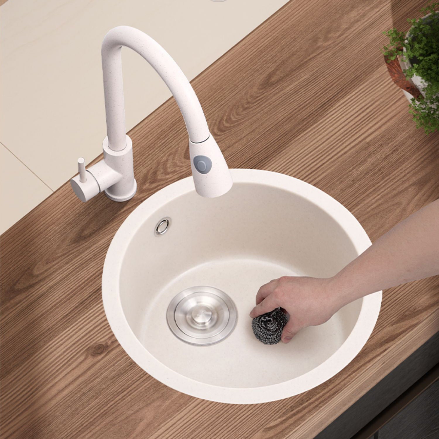 Round Kitchen Sink Quartz Single Bowl Kitchen Sink with Drain Assembly