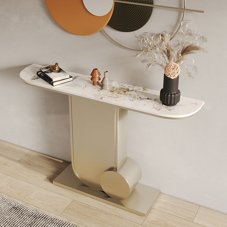 Glam Stone Accent Table Half Moon Metal Sofa Console Table for Hall