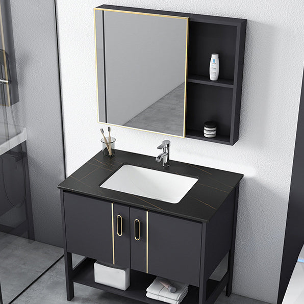 Single Sink Vanity Shelving Included Metal Frame 2 Doors Freestanding Modern Vanity