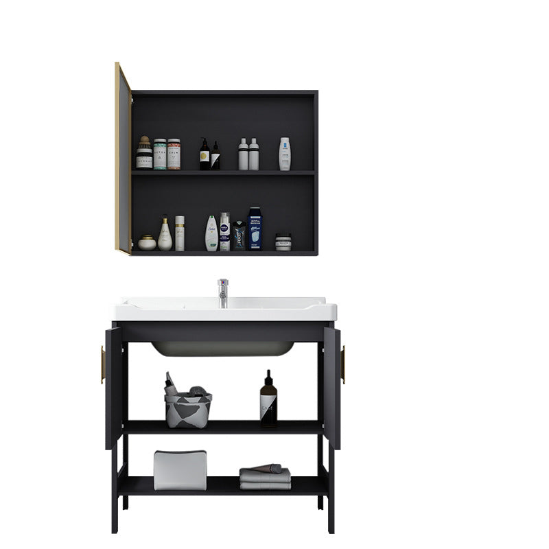 Single Sink Vanity Shelving Included Metal Frame 2 Doors Freestanding Modern Vanity