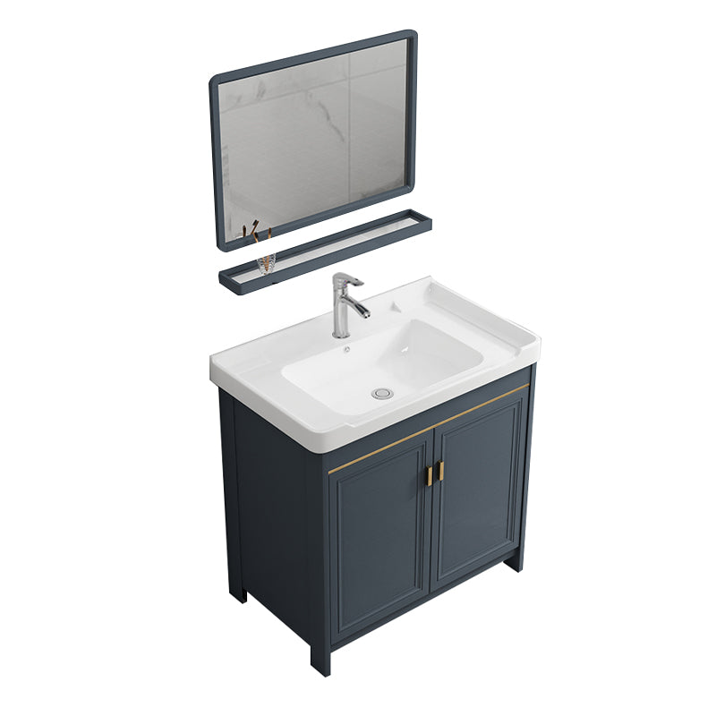 Freestanding Bath Vanity Blue Rectangle Mirror 2 Doors Bathroom Vanity with Single Sink