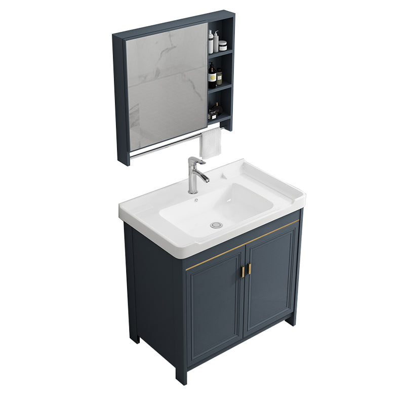 Freestanding Bath Vanity Blue Rectangle Mirror 2 Doors Bathroom Vanity with Single Sink