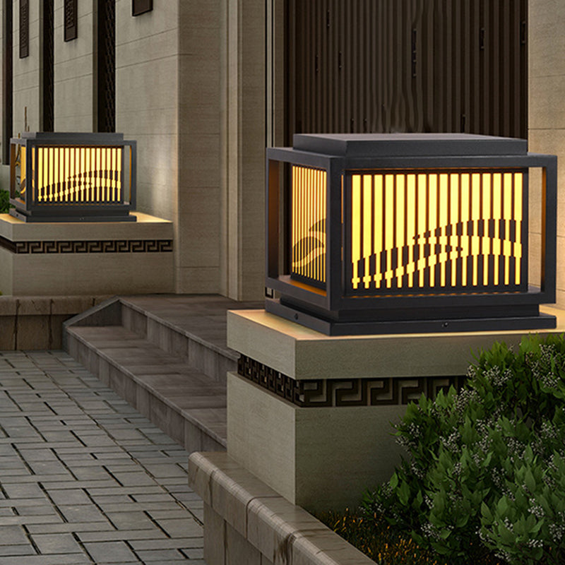 Metal Rectangle Shape Waterproof Pillar Lamp Modern 1 Light Outdoor Light in Black