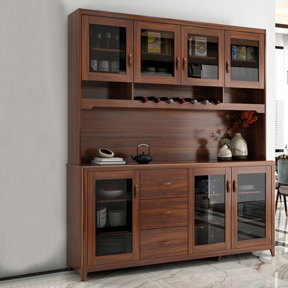 Ultra Modern Rubber Wood Dining Hutch Glass Doors Storage Cabinet with Drawers