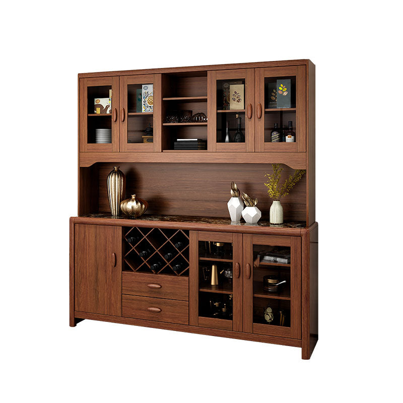 Ultra Modern Rubber Wood Dining Hutch Glass Doors Storage Cabinet with Drawers