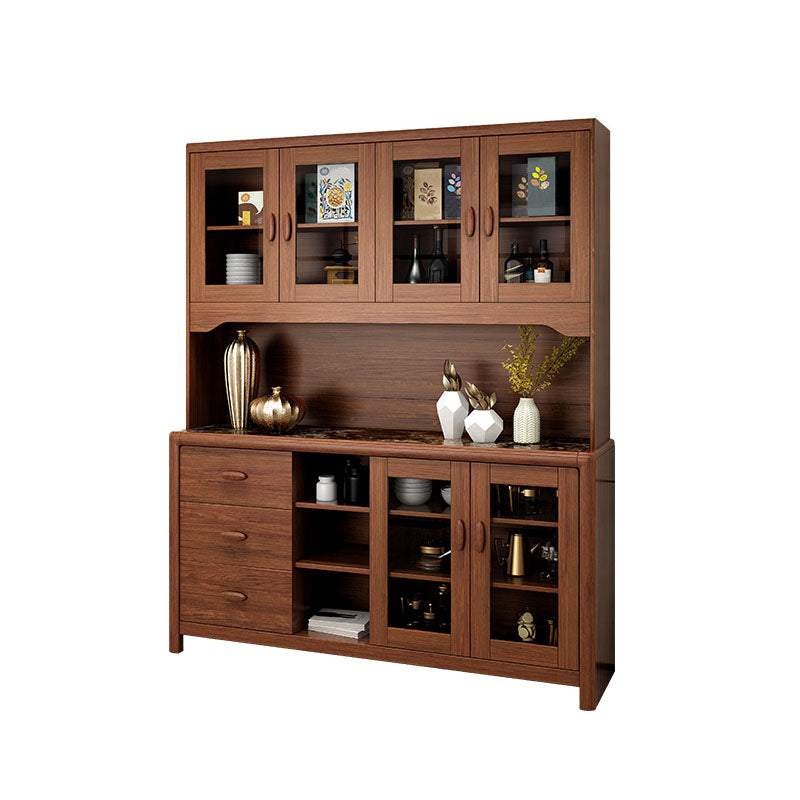 Ultra Modern Rubber Wood Dining Hutch Glass Doors Storage Cabinet with Drawers