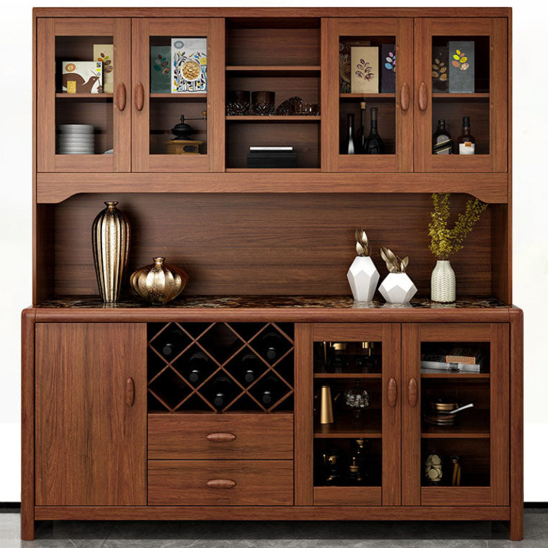 Ultra Modern Rubber Wood Dining Hutch Glass Doors Storage Cabinet with Drawers
