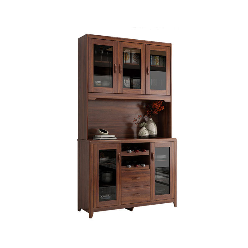 Ultra Modern Rubber Wood Dining Hutch Glass Doors Storage Cabinet with Drawers