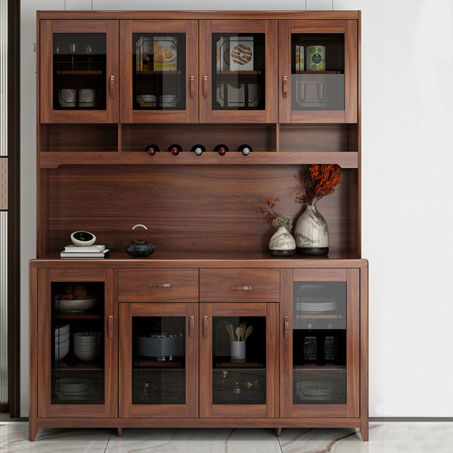Ultra Modern Rubber Wood Dining Hutch Glass Doors Storage Cabinet with Drawers