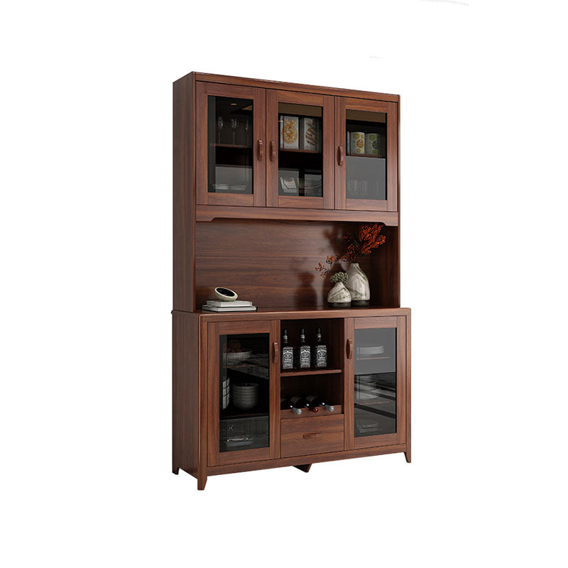Ultra Modern Rubber Wood Dining Hutch Glass Doors Storage Cabinet with Drawers