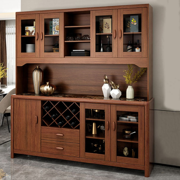 Ultra Modern Rubber Wood Dining Hutch Glass Doors Storage Cabinet with Drawers