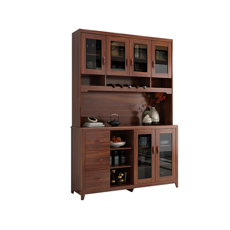 Ultra Modern Rubber Wood Dining Hutch Glass Doors Storage Cabinet with Drawers
