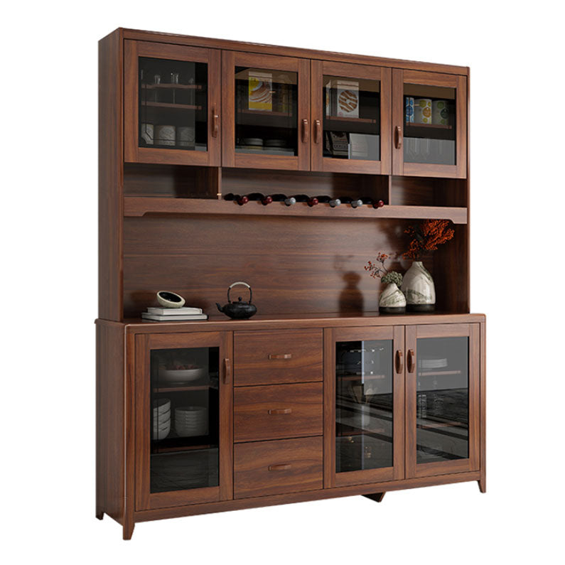 Ultra Modern Rubber Wood Dining Hutch Glass Doors Storage Cabinet with Drawers