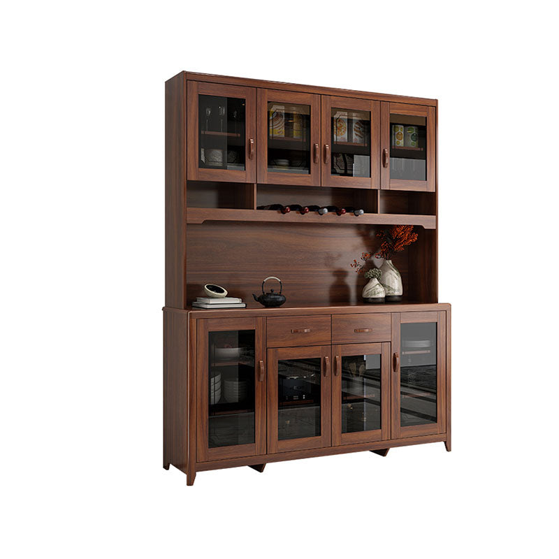 Ultra Modern Rubber Wood Dining Hutch Glass Doors Storage Cabinet with Drawers