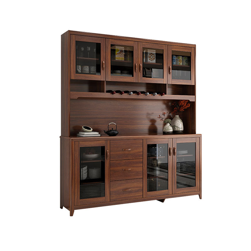 Ultra Modern Rubber Wood Dining Hutch Glass Doors Storage Cabinet with Drawers