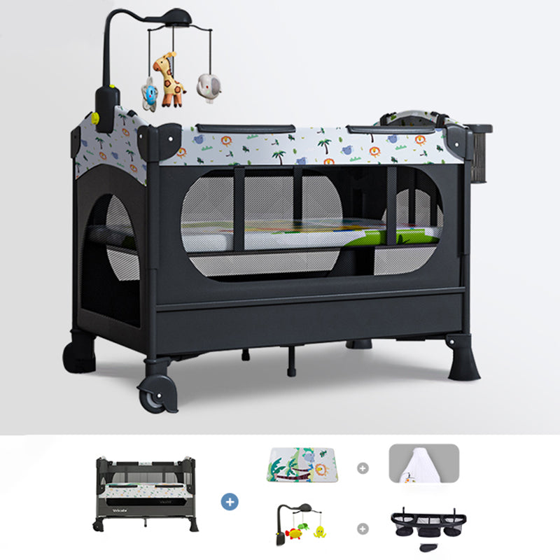 2-in-1 Folding Crib in Black Plastic Crib with Casters and Mattress