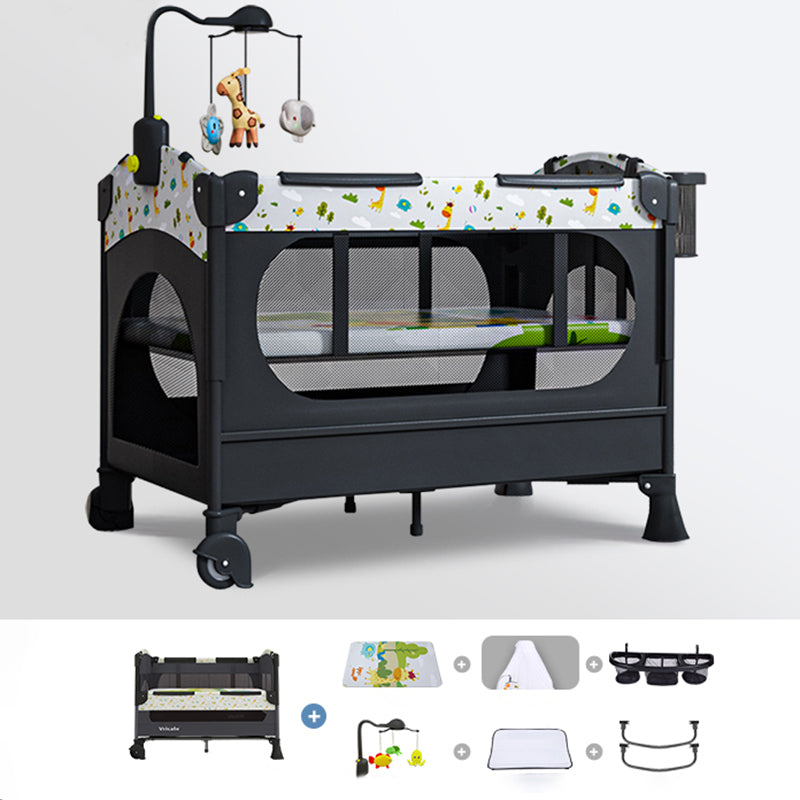 2-in-1 Folding Crib in Black Plastic Crib with Casters and Mattress