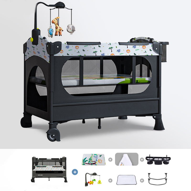 2-in-1 Folding Crib in Black Plastic Crib with Casters and Mattress
