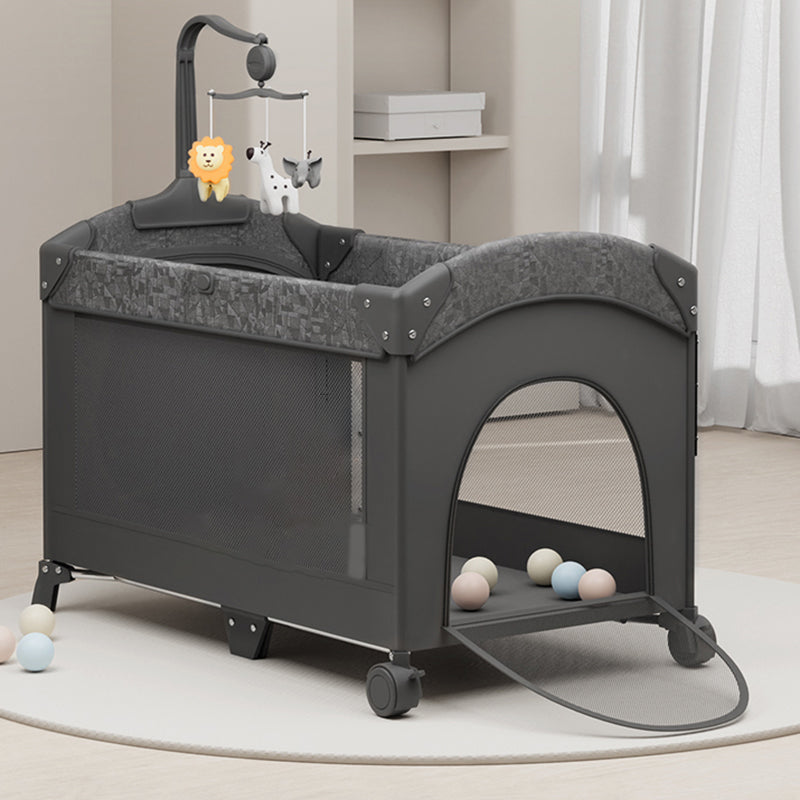 4-in-1 Folding Crib in Black and Gray Mattress Included Crib with Storage and Casters