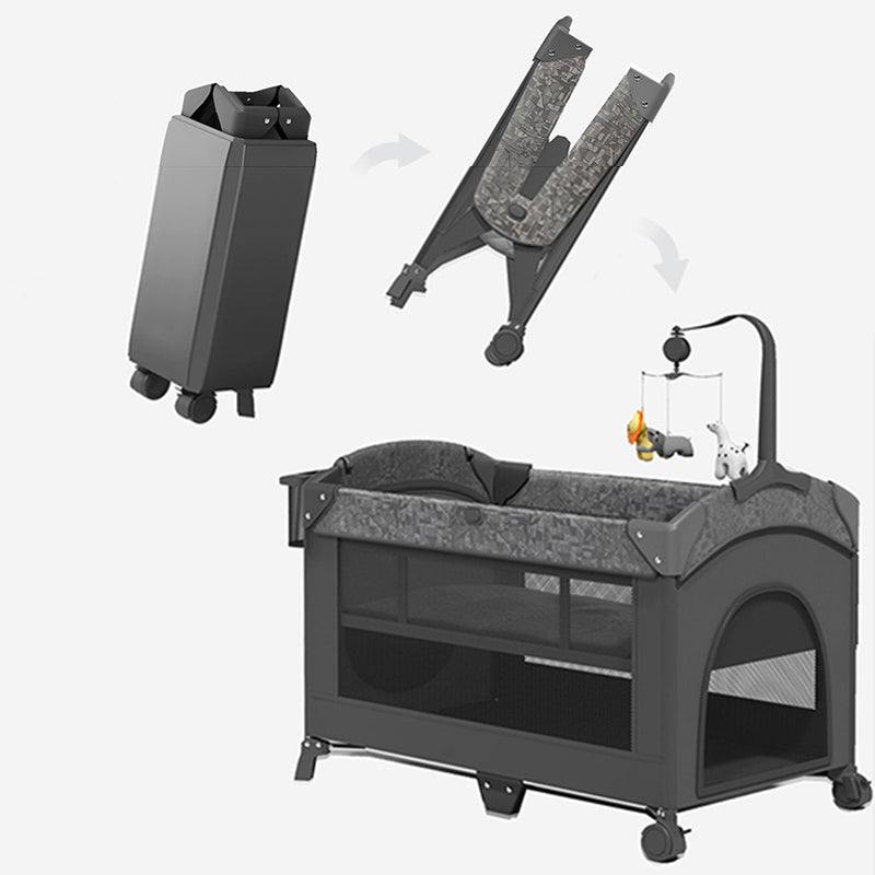 4-in-1 Folding Crib in Black and Gray Mattress Included Crib with Storage and Casters