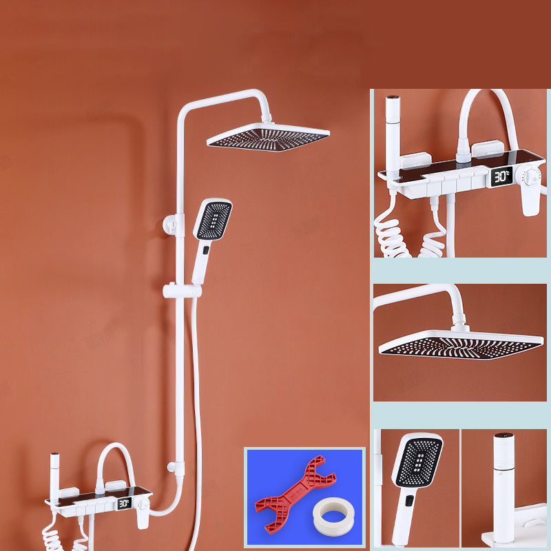 White Shower System Adjustable Spray Pattern Shower Arm Square Wall Mount Shower System