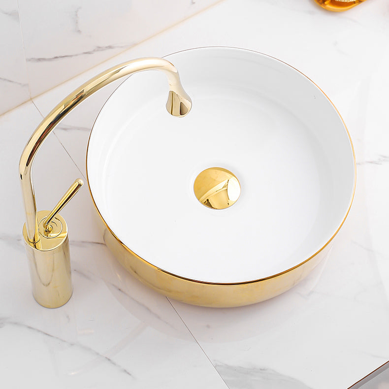 Gold Bathroom Sink Faucet Contemporary Vitreous China Vessel Sink with Pop-Up Drain