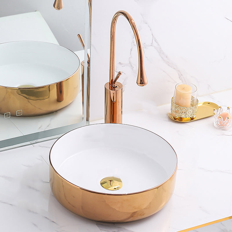 Gold Bathroom Sink Faucet Contemporary Vitreous China Vessel Sink with Pop-Up Drain