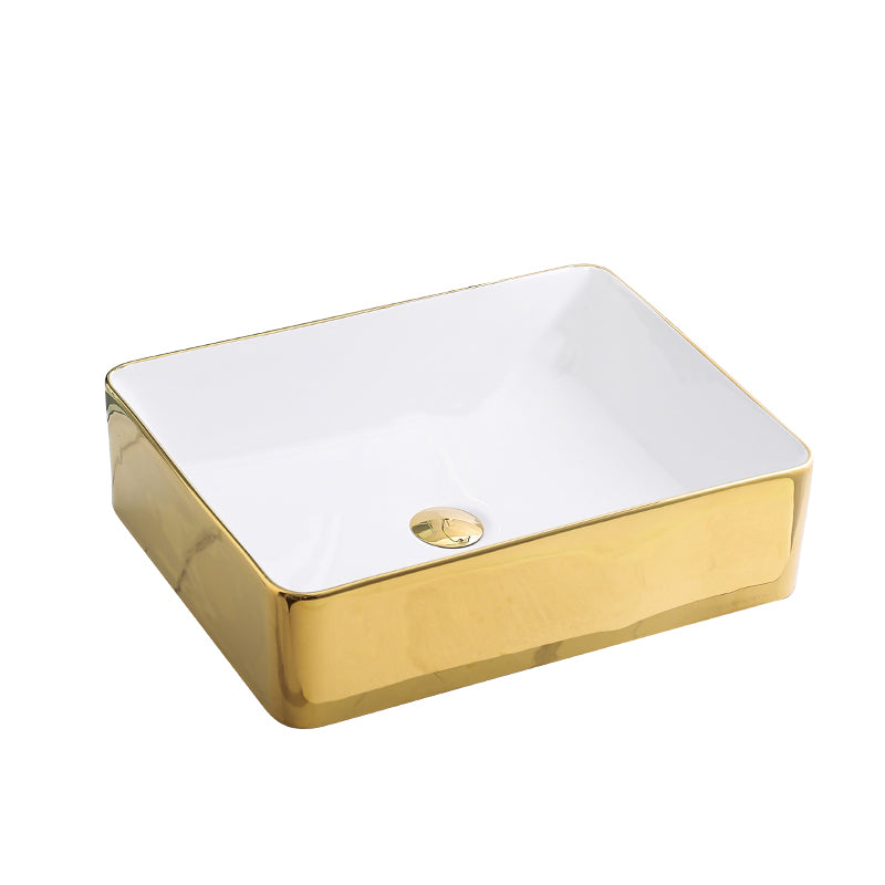 Gold Bathroom Sink Faucet Contemporary Vitreous China Vessel Sink with Pop-Up Drain