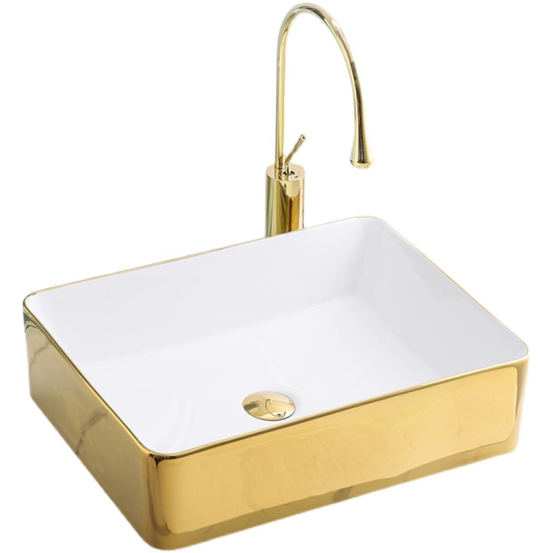 Gold Bathroom Sink Faucet Contemporary Vitreous China Vessel Sink with Pop-Up Drain