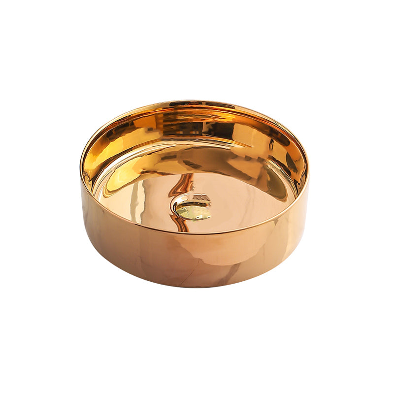 Gold Bathroom Sink Faucet Contemporary Vitreous China Vessel Sink with Pop-Up Drain