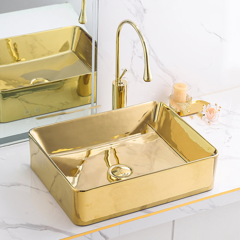 Gold Bathroom Sink Faucet Contemporary Vitreous China Vessel Sink with Pop-Up Drain